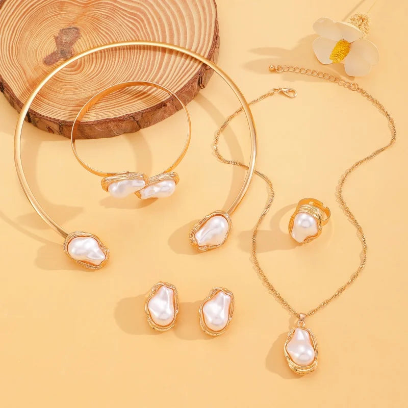 Women's Fashion Baroque Imitation Pearl Torque Necklace Jewelry Set