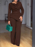 Women's Pile Collar Top Wide Leg Pants Set