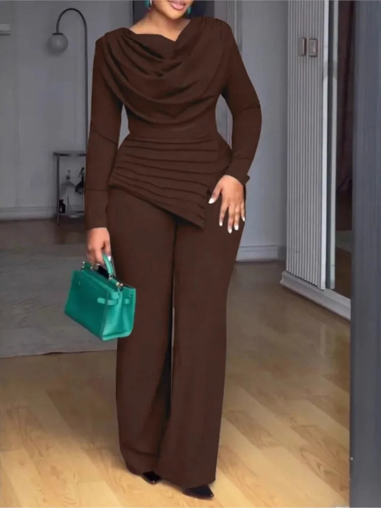 Women's Pile Collar Top Wide Leg Pants Set