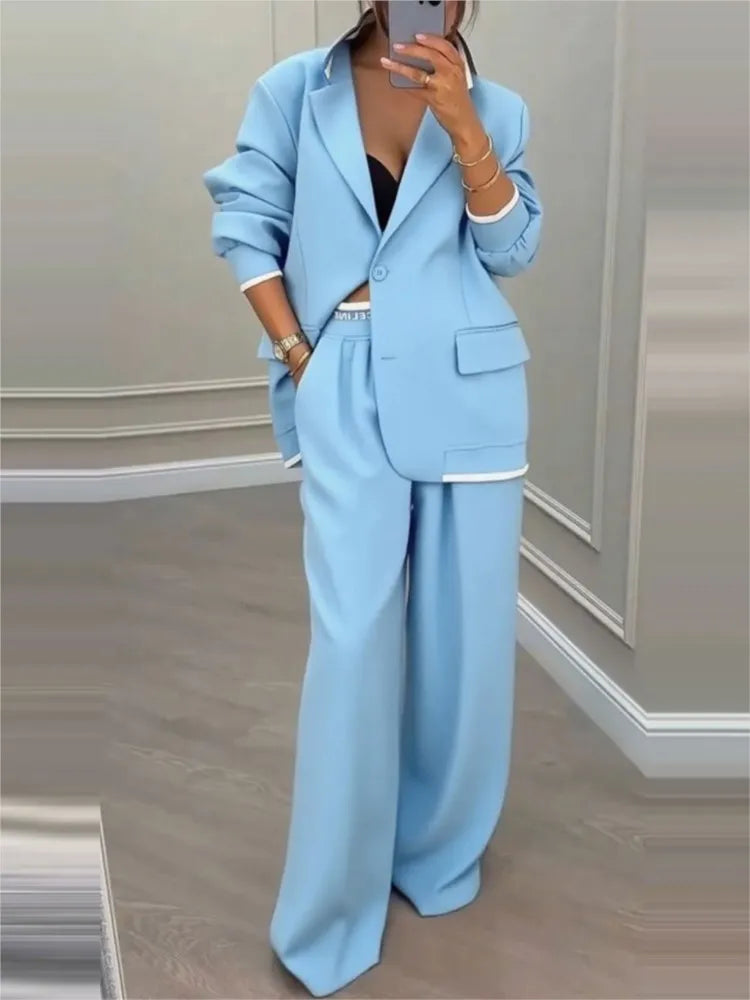 Women's Solid Lapel Blazer Wide Leg Pants Set