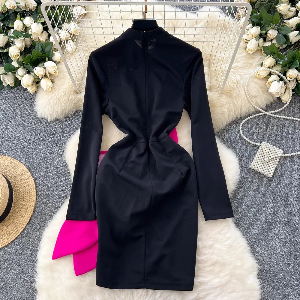 Elegant Long Sleeve Stand Collar 3D Floral Rhinestone Evening Dress
