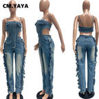 Women's Sleeveless Denim Jumpsuit Backless Tassel Strap Playsuit Blue