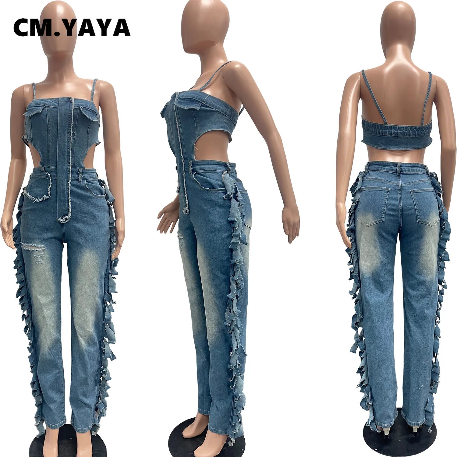 Women's Sleeveless Denim Jumpsuit Backless Tassel Strap Playsuit Blue