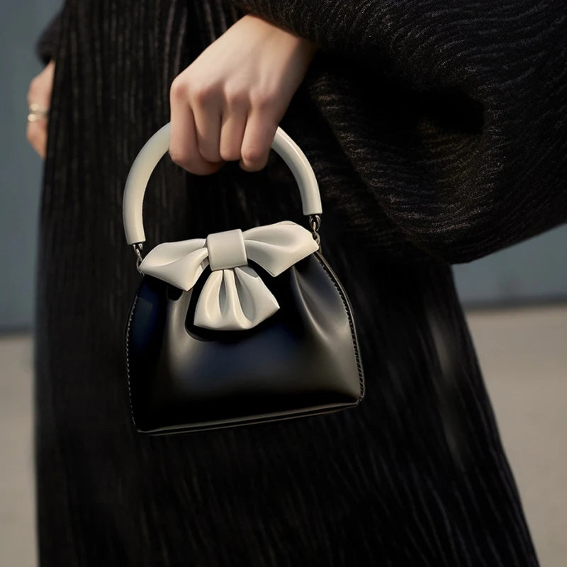 Women's Pleated Bow Contrast Color Bucket Bag