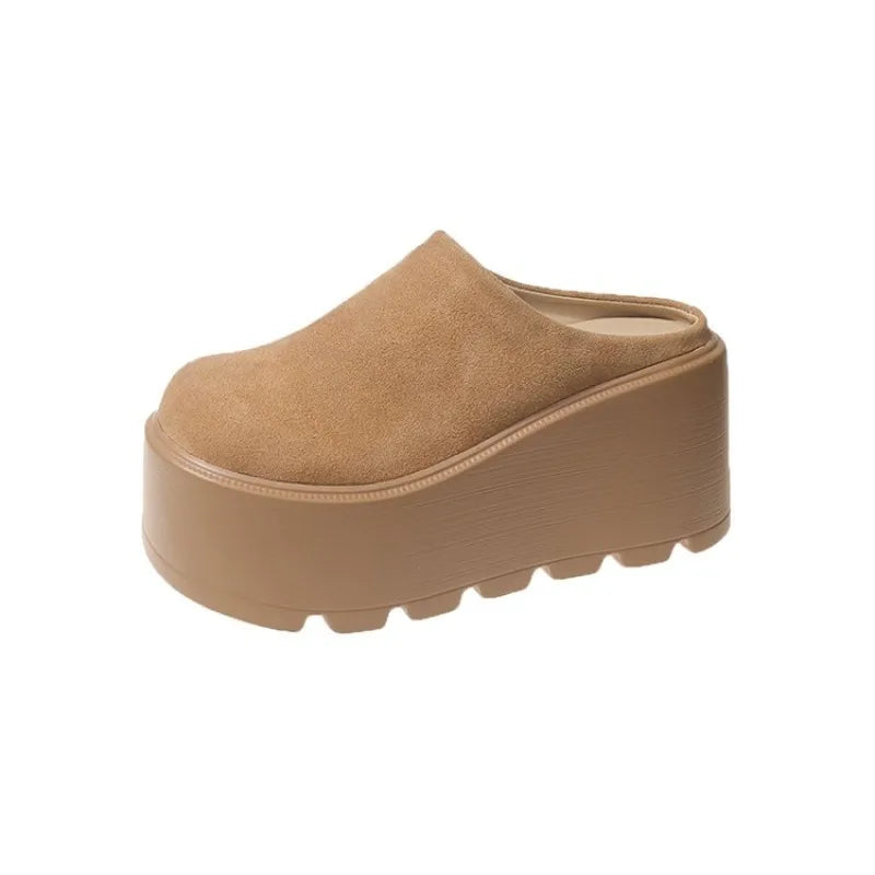 2025 New 9cm Women's Platform Heel Mules Casual Buckle Shoes Closed Toe Backless Slip On Walking Increase Height Wedge Slippers