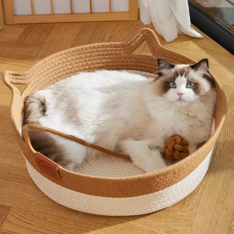 Handwoven Rattan Round Cat Bed Cooling Summer Basket with Cushion