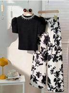 Girls' Beaded T-Shirt Printed Straight-Leg Pants Two-Piece Set