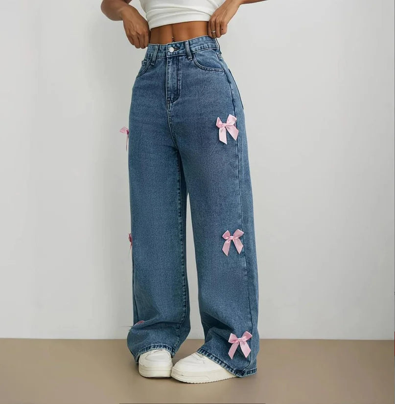 Women's Bowknot Washed Denim Loose Wide Leg Jeans