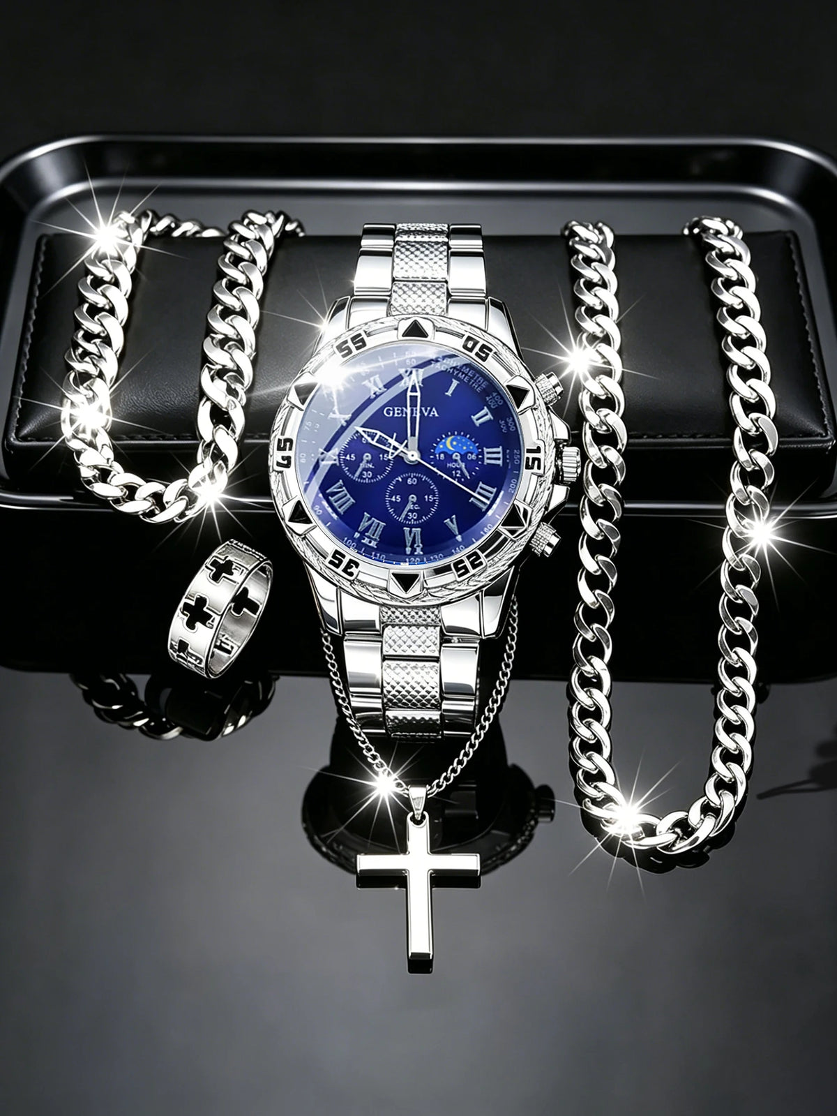 Men's Quartz Watch with 5-Piece Chain Accessories Set Star Pattern