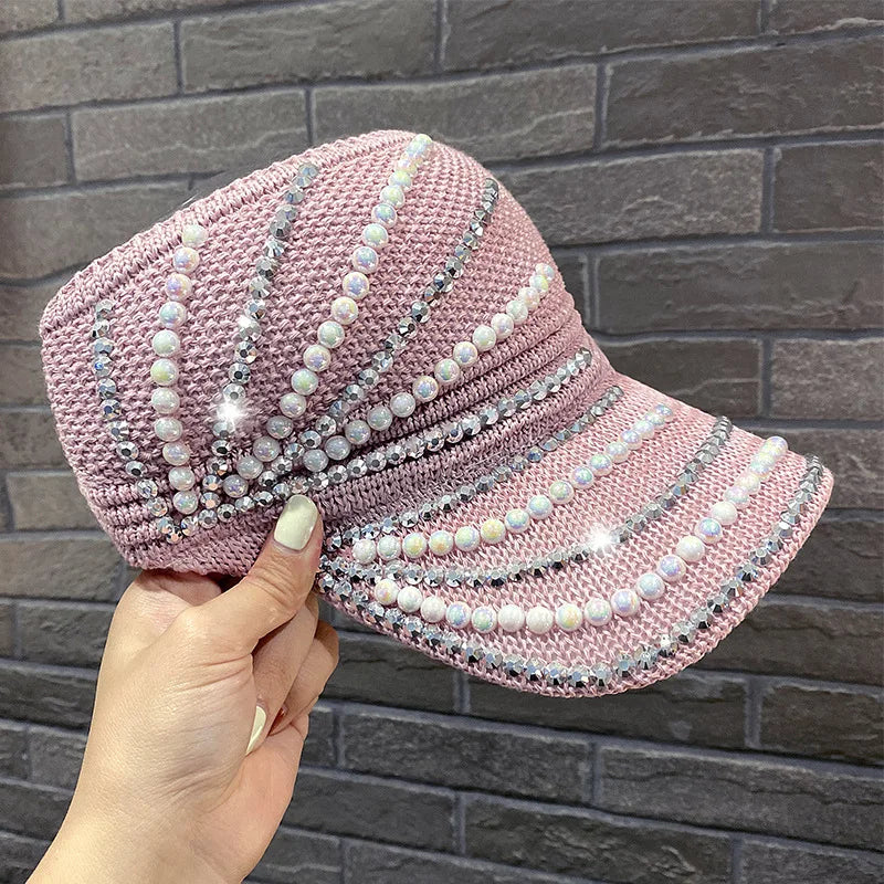 Women's Empty Top Visor Sun Hat with Rhinestones and Pearls