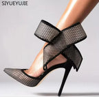 Women's Polka Dot Bow Mesh Pointed Toe Stiletto Pumps