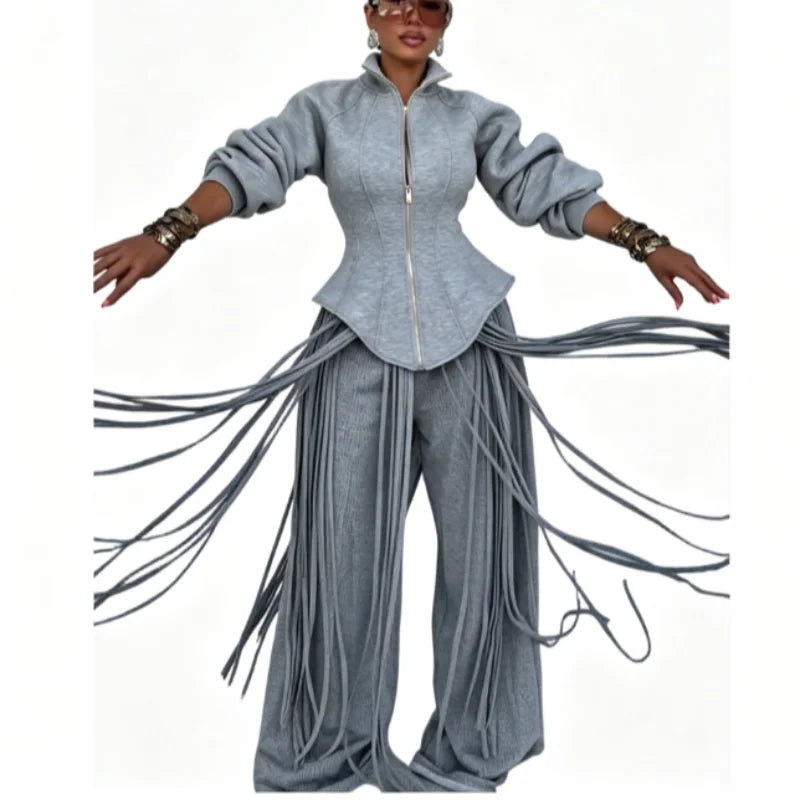 Women's Fringe Lapel Collar Zip Up Wide Leg Tracksuit Set