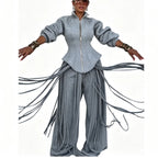Women's Fringe Lapel Collar Zip Up Wide Leg Tracksuit Set