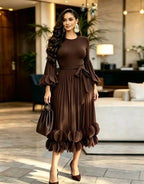 Women's Pleated Ruffle Edge Round Neck Long Dress