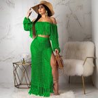 Women's Off Shoulder Tassel Hollow Out Maxi Skirt Set