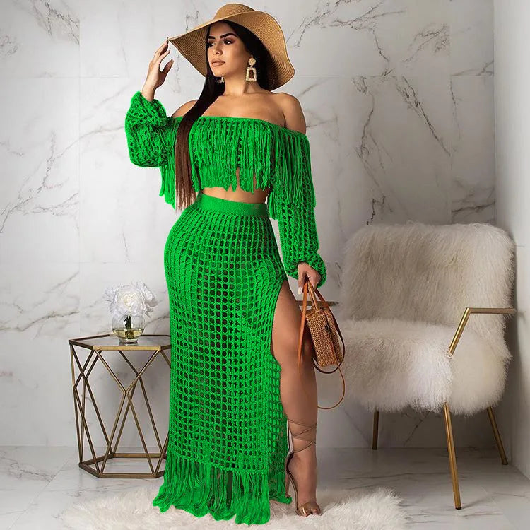 Women's Off Shoulder Tassel Hollow Out Maxi Skirt Set