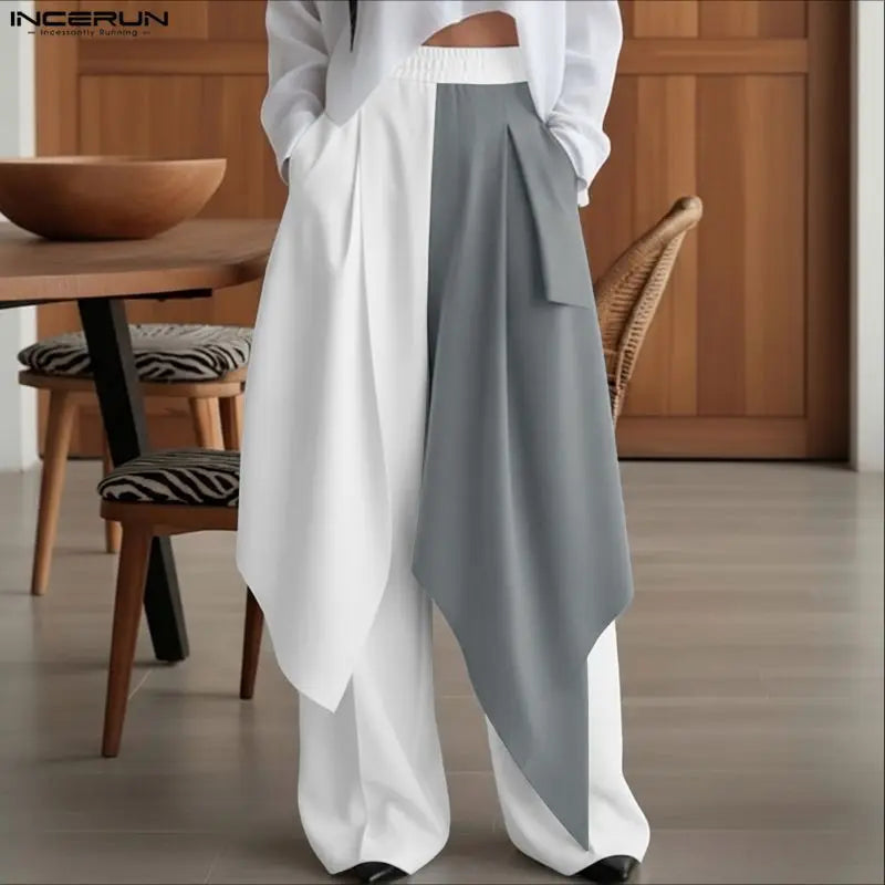 Men's Patchwork Jogger Pants Elastic Waist Wide Leg Trousers