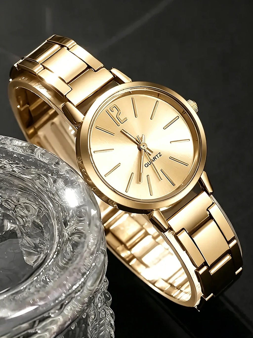 Ladies Quartz Watch and Jewelry Set Flower Design Gold