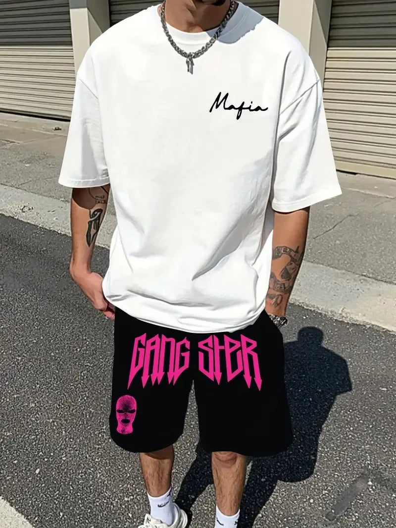 Men's 3D Letter Print Round Neck T-Shirt and Drawstring Shorts Set