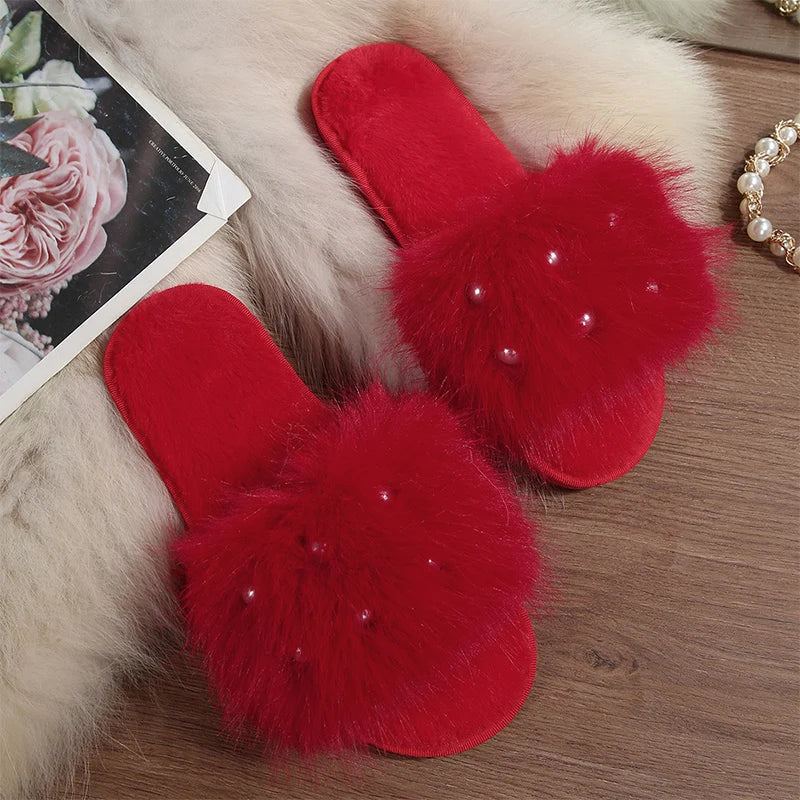 Women's Faux Fur Pearl Slippers Open Toe Plush Home Slides