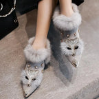 Women's Crystal Fox Head Pointed Toe Plush Ankle Boots