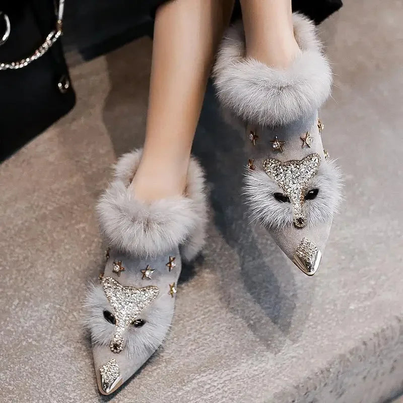 Women's Crystal Fox Head Pointed Toe Plush Ankle Boots