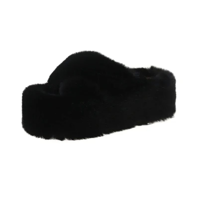 Women's Faux Fur Platform Slippers Soft Plush Indoor House Shoes