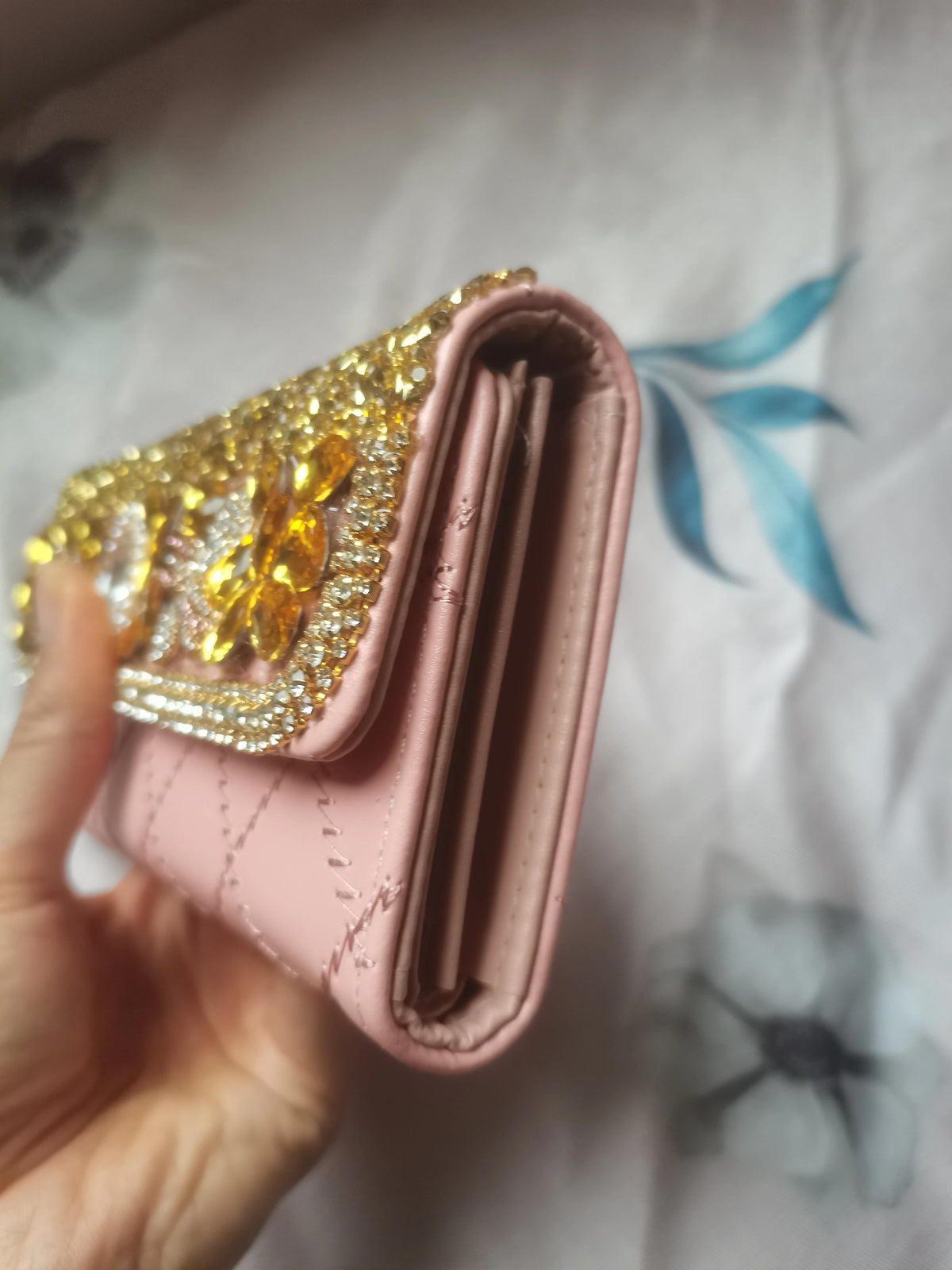 Sparkling Rhinestone Women's Evening Wallet Floral Pattern Pink