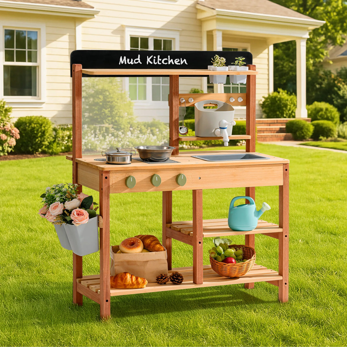 Kids Wooden Outdoor Mud Pretend Play Kitchen Toy Set WHXXX