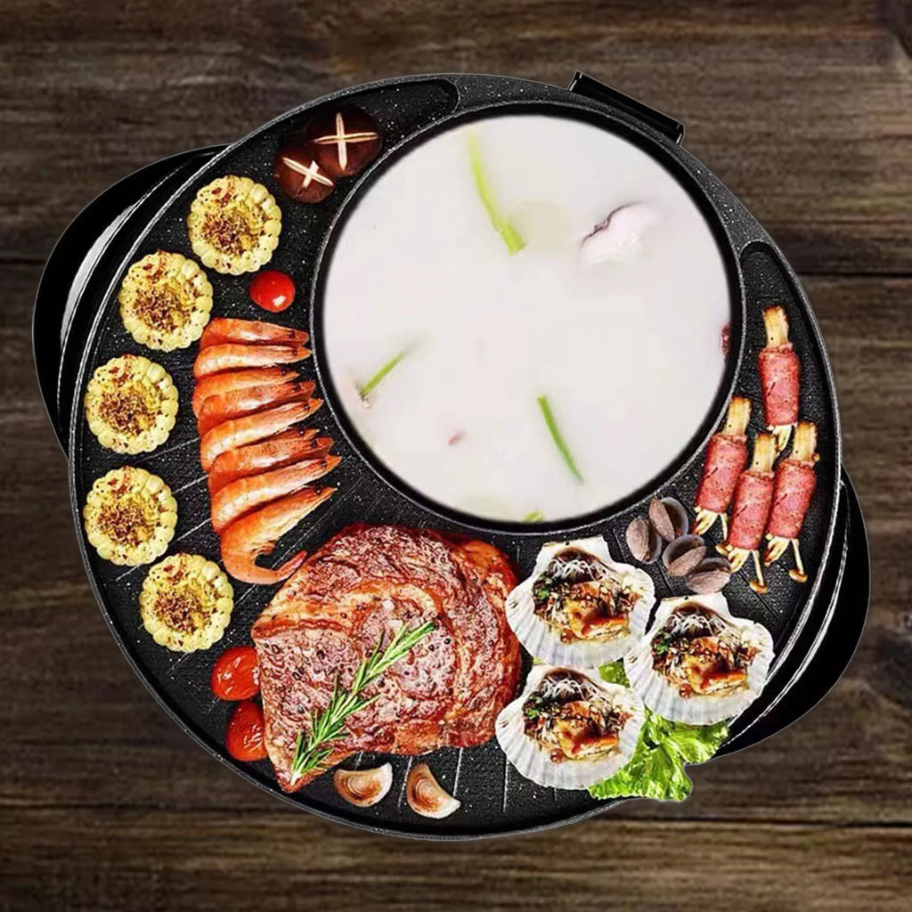 Portable Round Non-Stick Electric Grill and Hot Pot Cookware