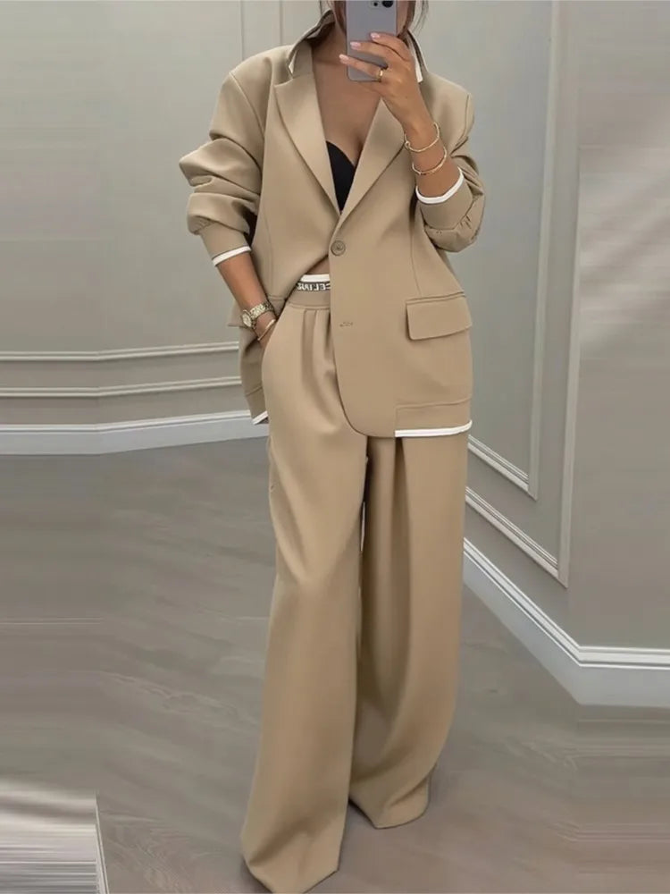 Women's Solid Lapel Blazer Wide Leg Pants Set