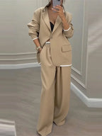 Women's Solid Lapel Blazer Wide Leg Pants Set