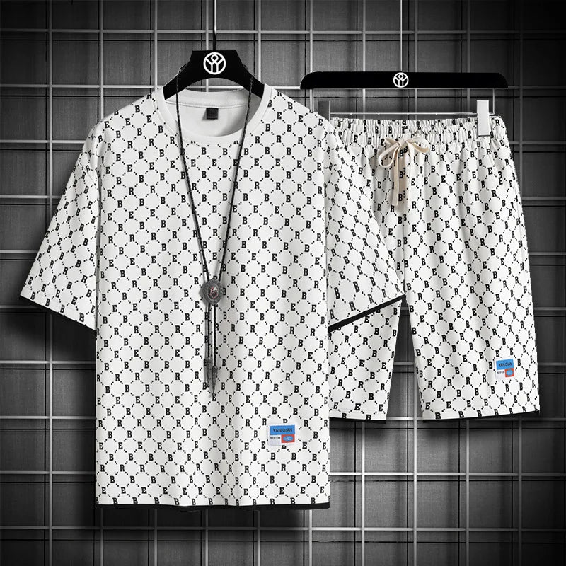 Men's Casual Checkered Shirt and Shorts Two Piece Set