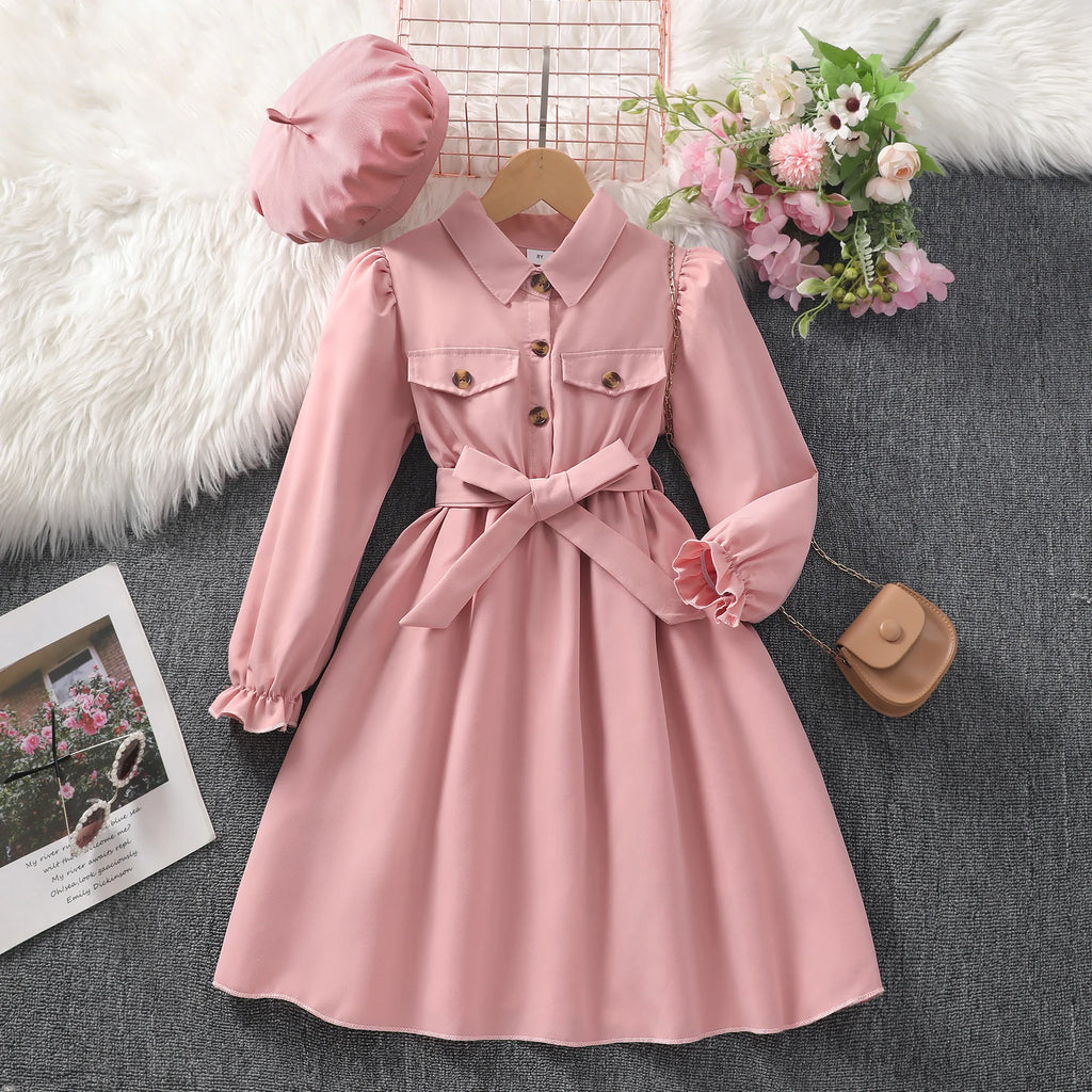 Girls' Solid Lapel Button Belted Dress QZ24187A
