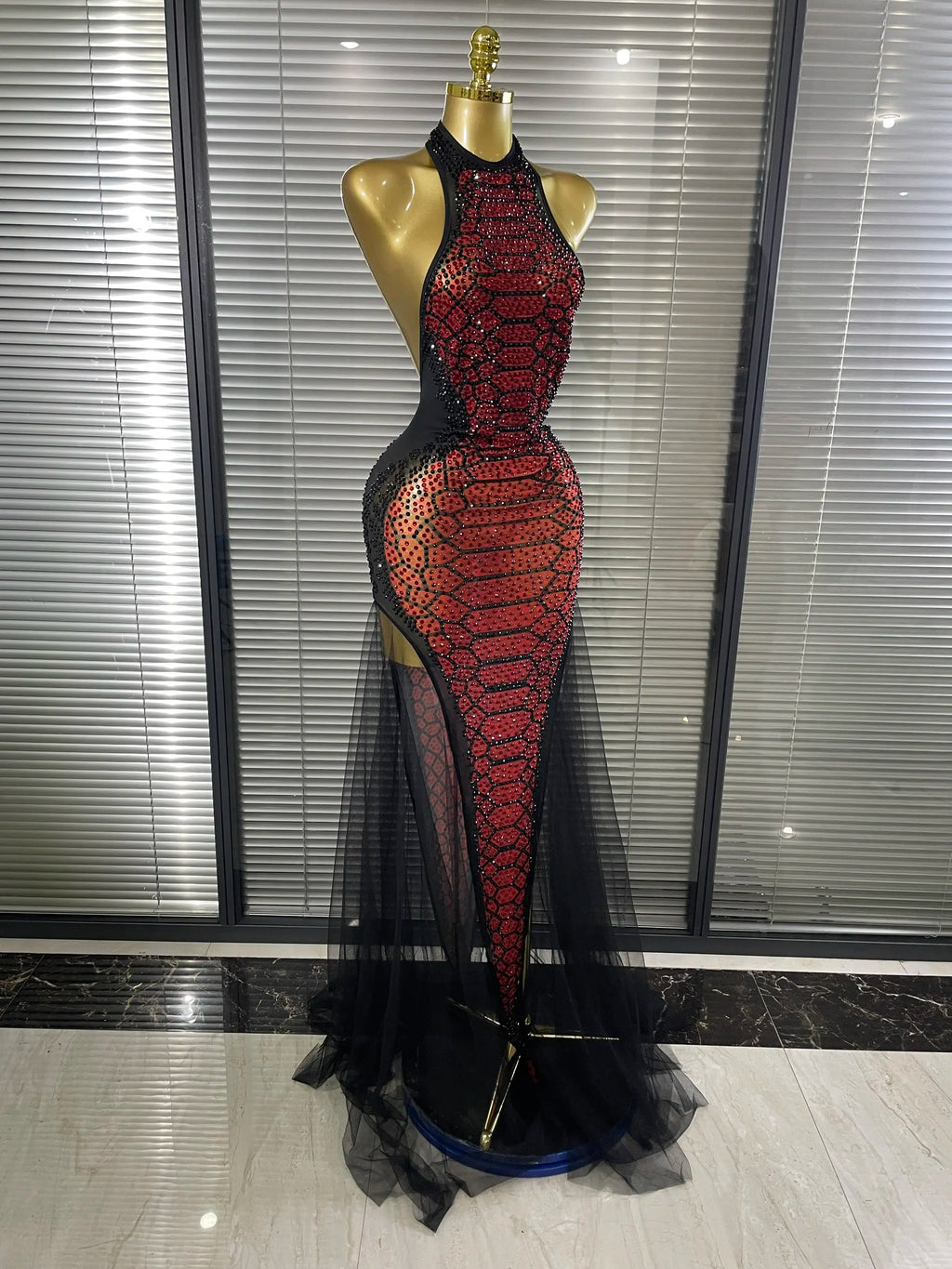 Women's Sexy Rhinestone Halter Backless Mesh Maxi Dress