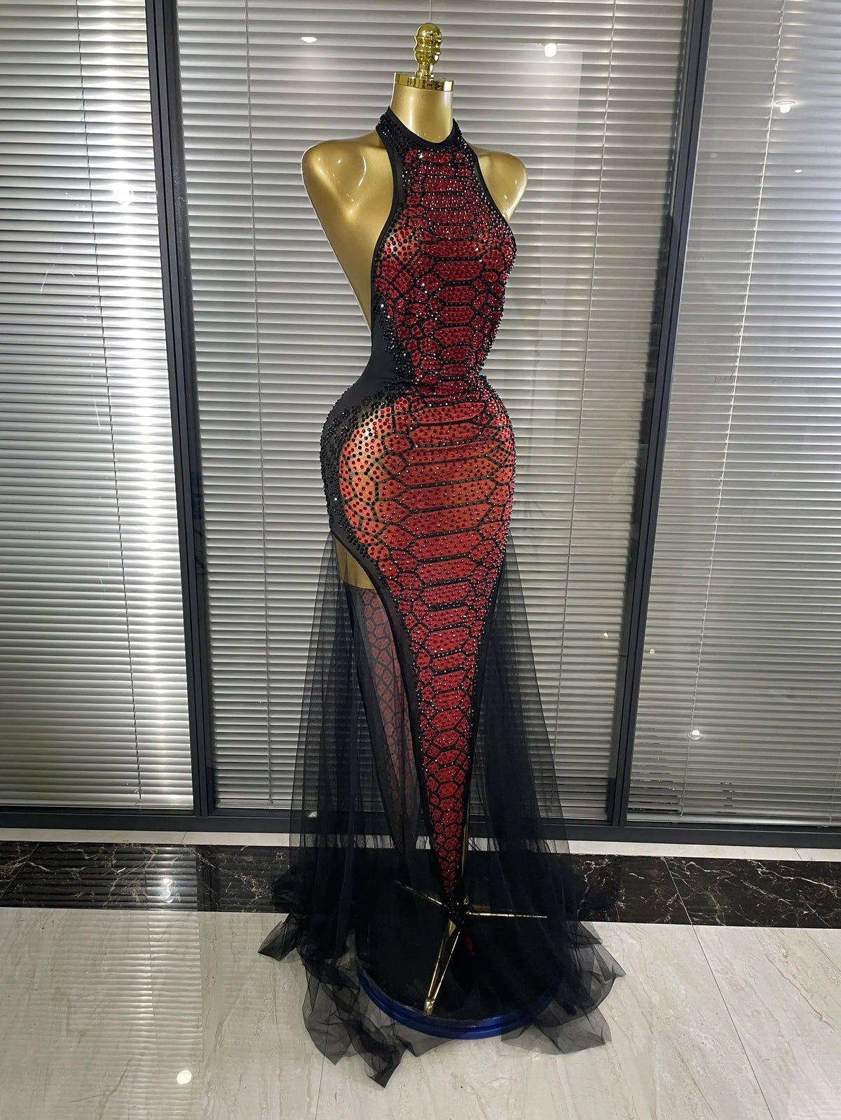 Women's Sexy Rhinestone Halter Backless Mesh Maxi Dress