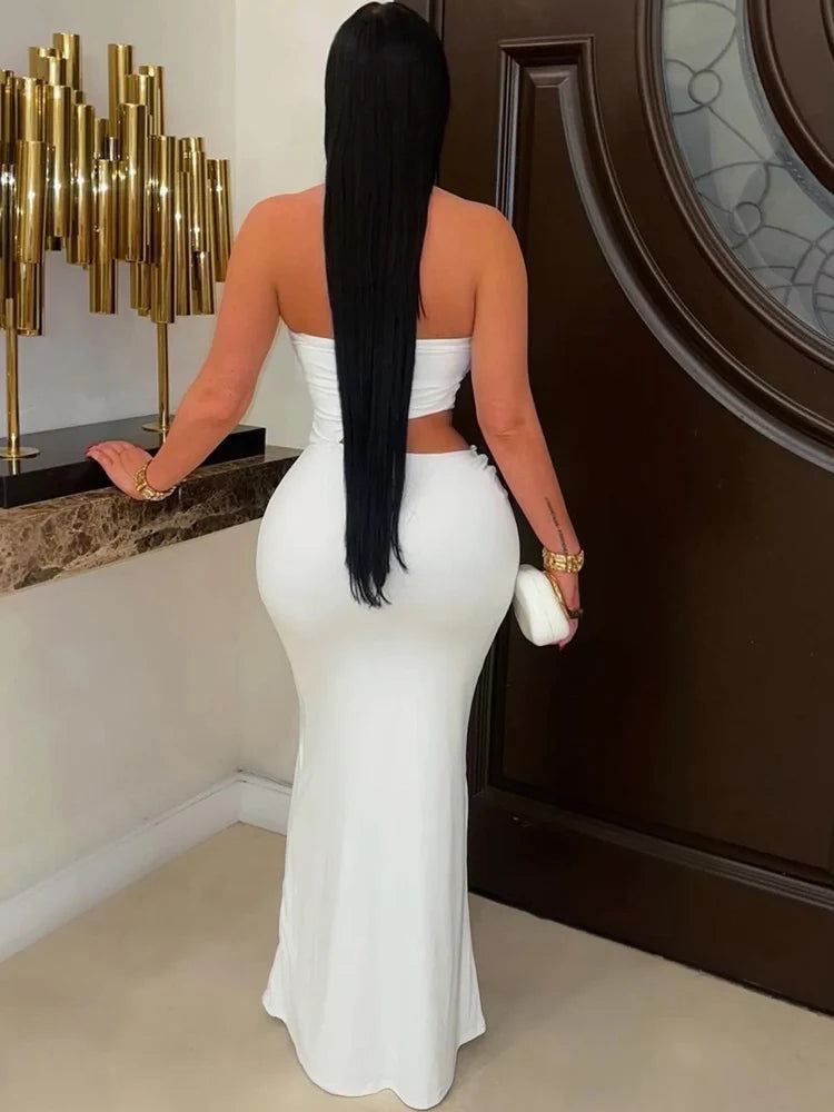Sexy Hollow Out Backless Maxi Dress Women's Strapless Bodycon Clubwear