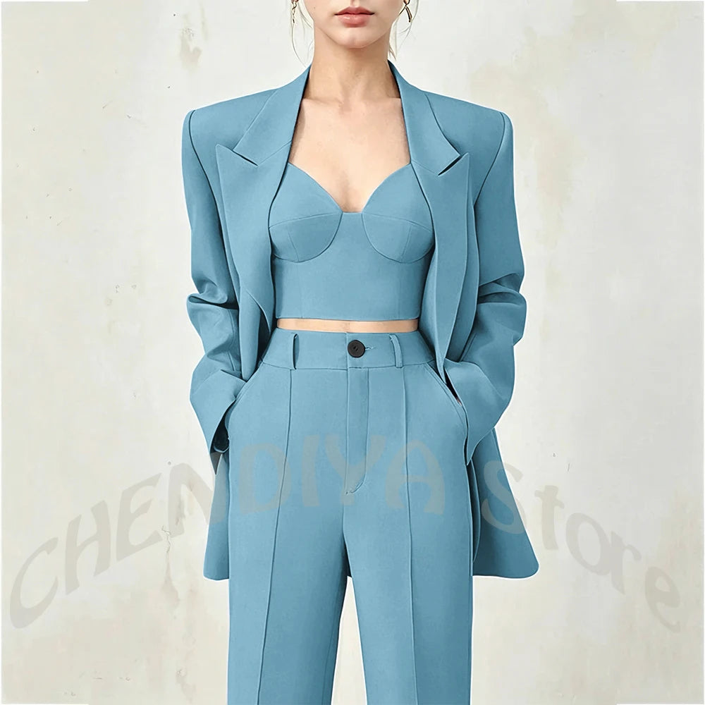 Women's Single Button Tailored Blazer and Pants Suit Set