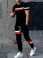 Men's Striped Print Round Neck T-Shirt and Pants Set