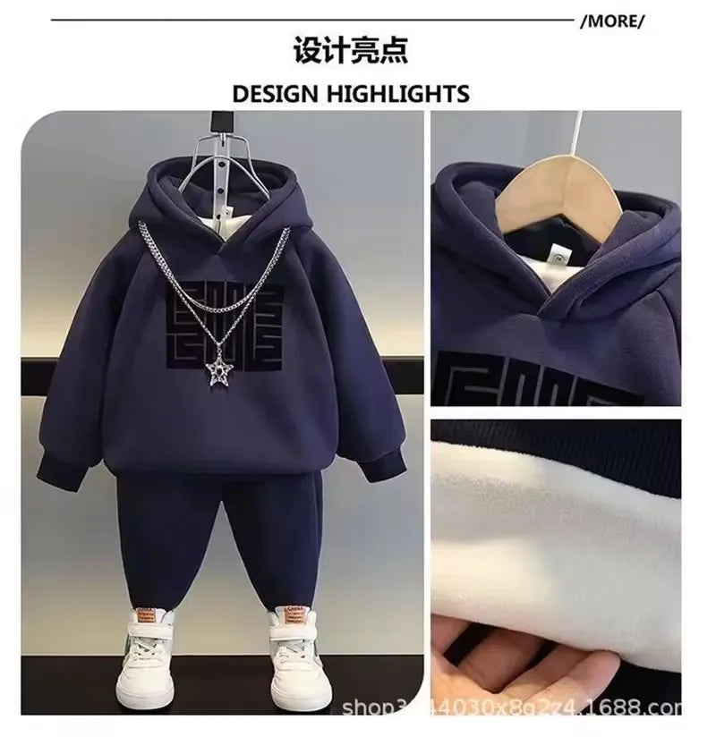 Kids' Warm Fleece Hooded Sweatshirt Pants Two-Piece Set