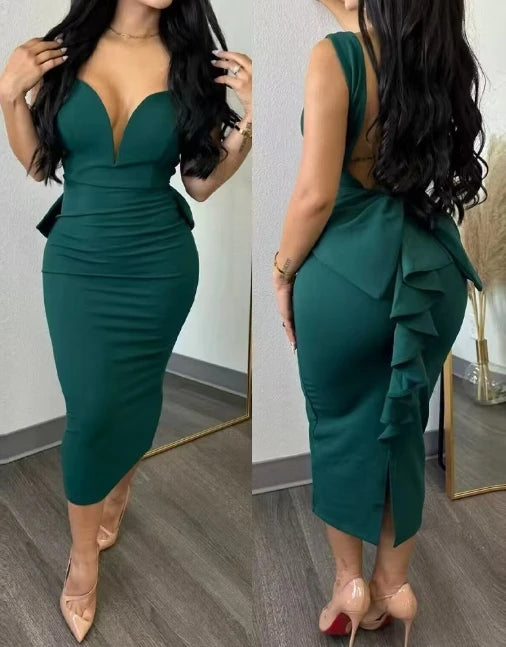 Women's Deep V Open Back Split Bodycon Dress