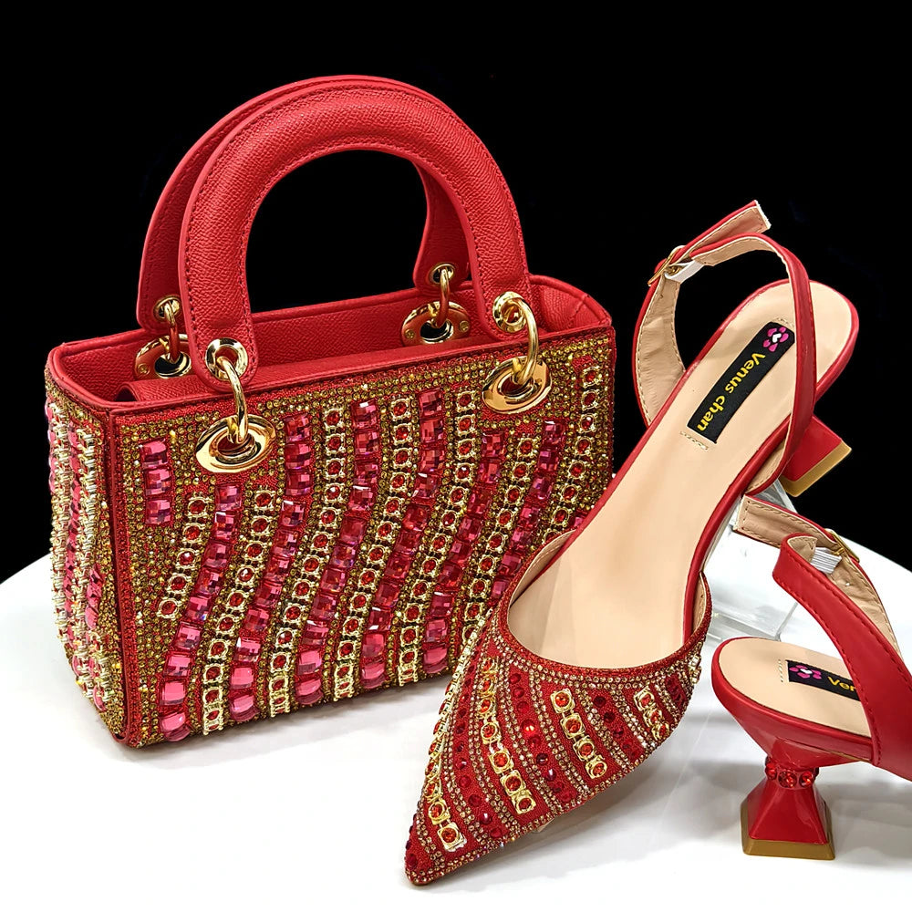 Women's Pointed Toe Rhinestone Heels and Handbag Set