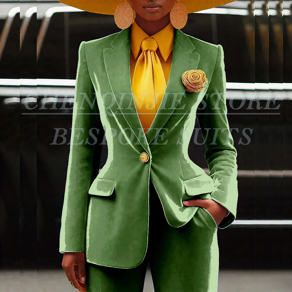 Women's Velvet Notch Lapel Slim Fit 2 Piece Pants Suit