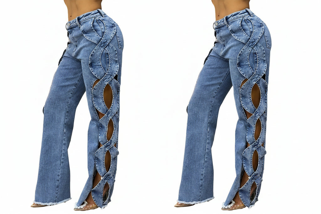 Women's High-Waist Cutout Criss Cross Wide Leg Denim Pants