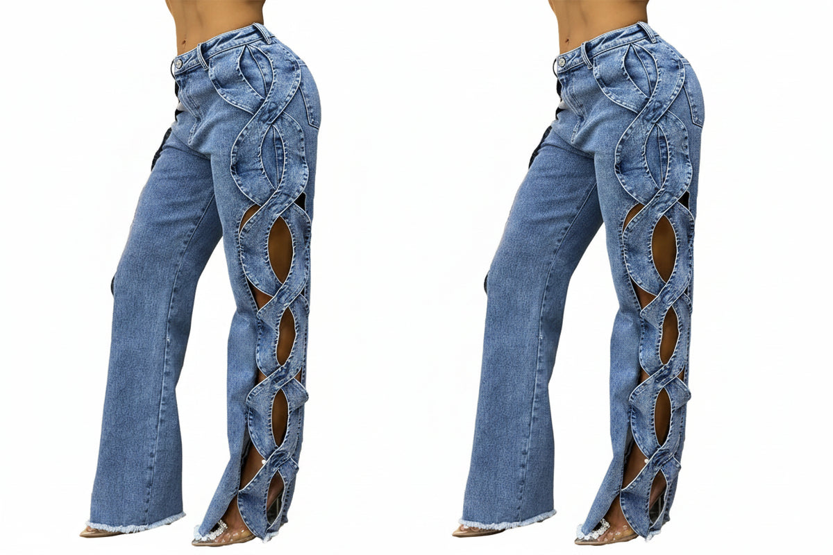 Women's High-Waist Cutout Criss Cross Wide Leg Denim Pants