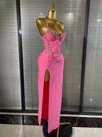 Women's Sexy Spaghetti Strap Rhinestone Pink Bandage Maxi Dress