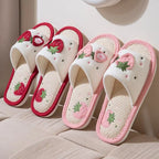 Strawberry Print Linen Floor Slippers with Soft Non-Slip Sole