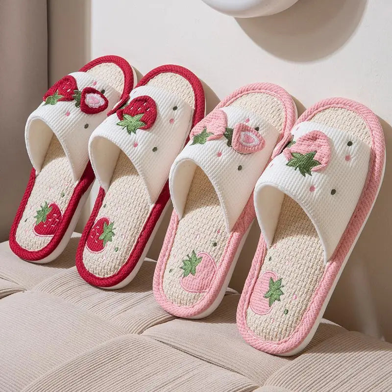 Strawberry Print Linen Floor Slippers with Soft Non-Slip Sole