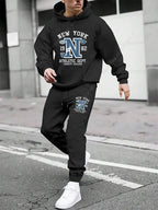 Men's Casual Gothic Letter Print Hoodie and Pants Two Piece Tracksuit Set