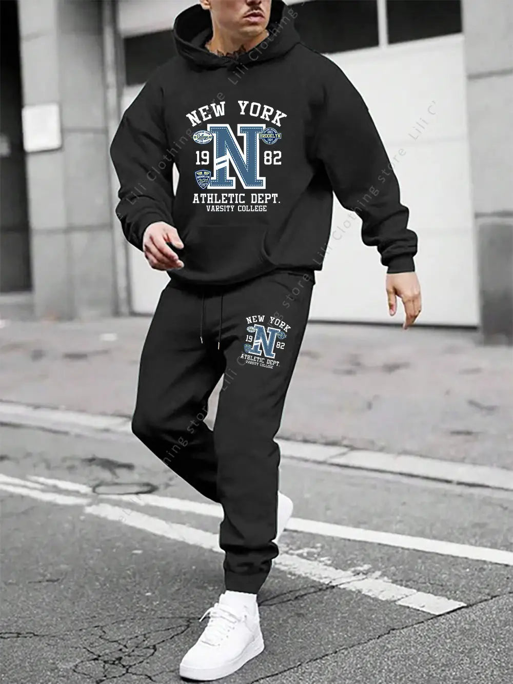 Men's Casual Gothic Letter Print Hoodie and Pants Two Piece Tracksuit Set